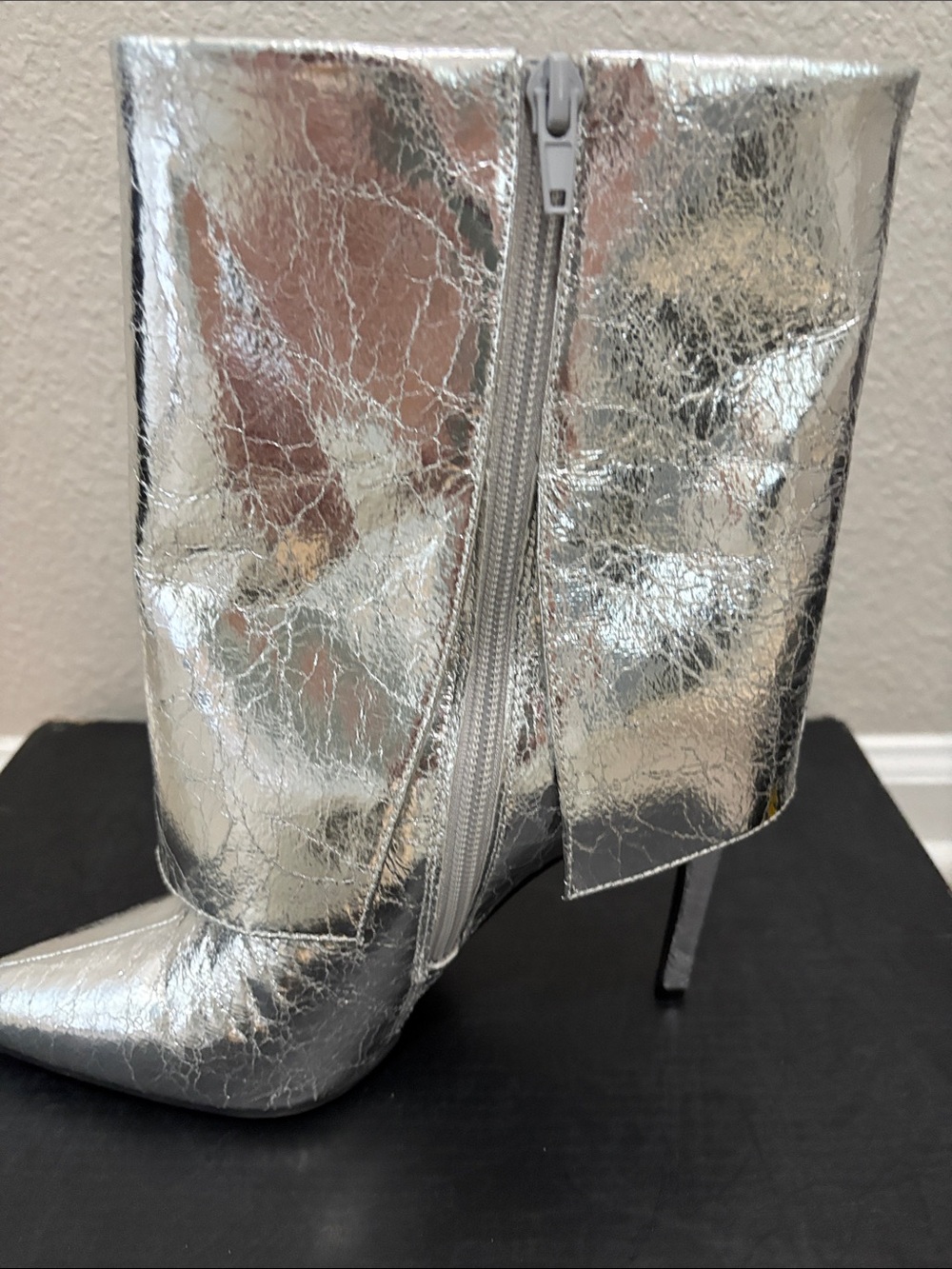 Silver Metallic Pointed-Toe Stiletto Ankle Boots - Picture 2 of 11